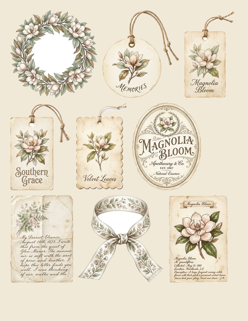 Southern Magnolia junk journal kit — sheet preview 2