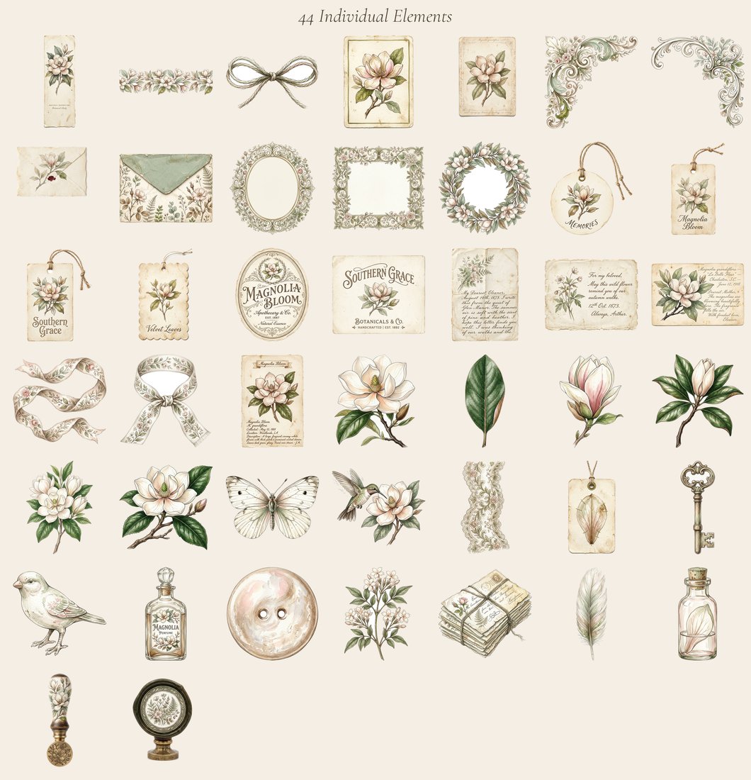 Southern Magnolia junk journal kit — elements overview