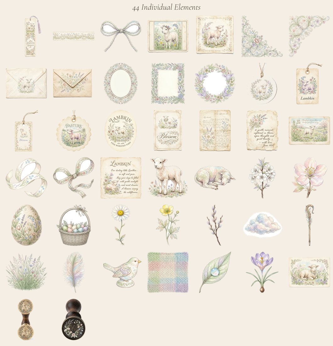 Spring Lambs Meadow junk journal kit — elements overview