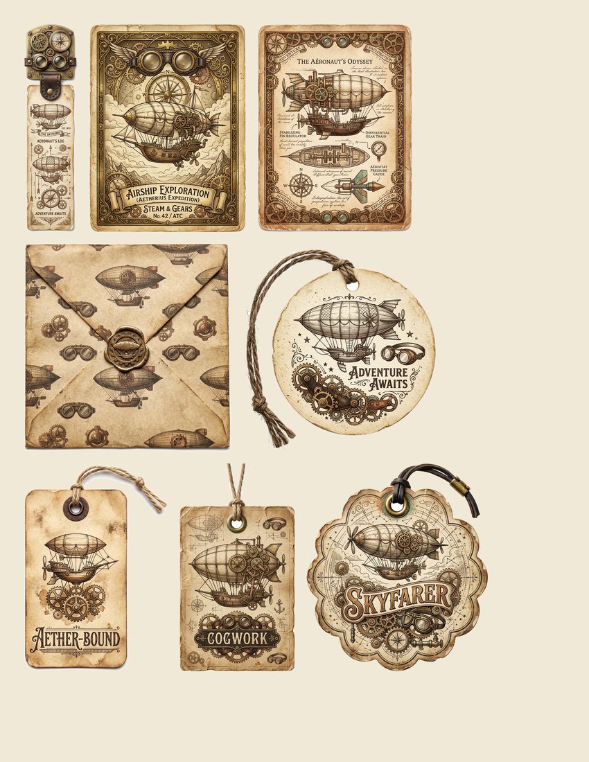 Steampunk Airship junk journal kit — sheet preview 1