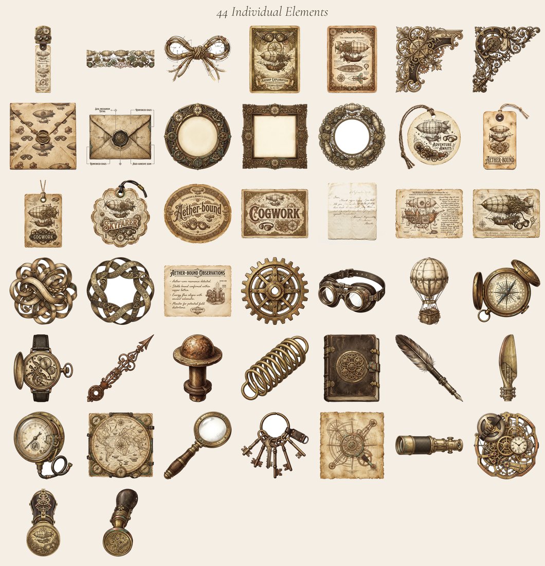 Steampunk Airship junk journal kit — elements overview