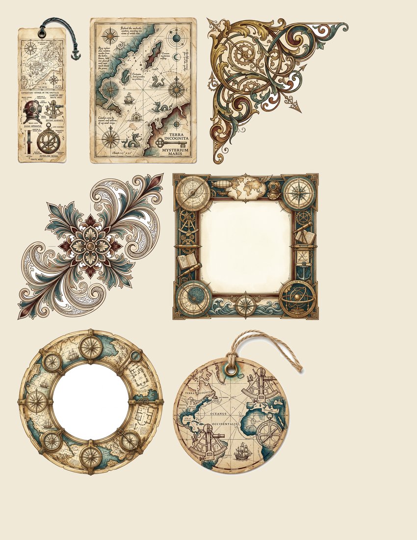 Steampunk Explorer junk journal kit — sheet preview 1