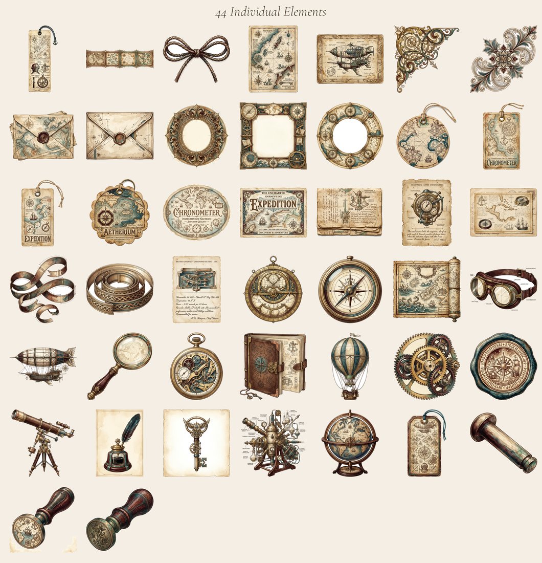 Steampunk Explorer junk journal kit — elements overview