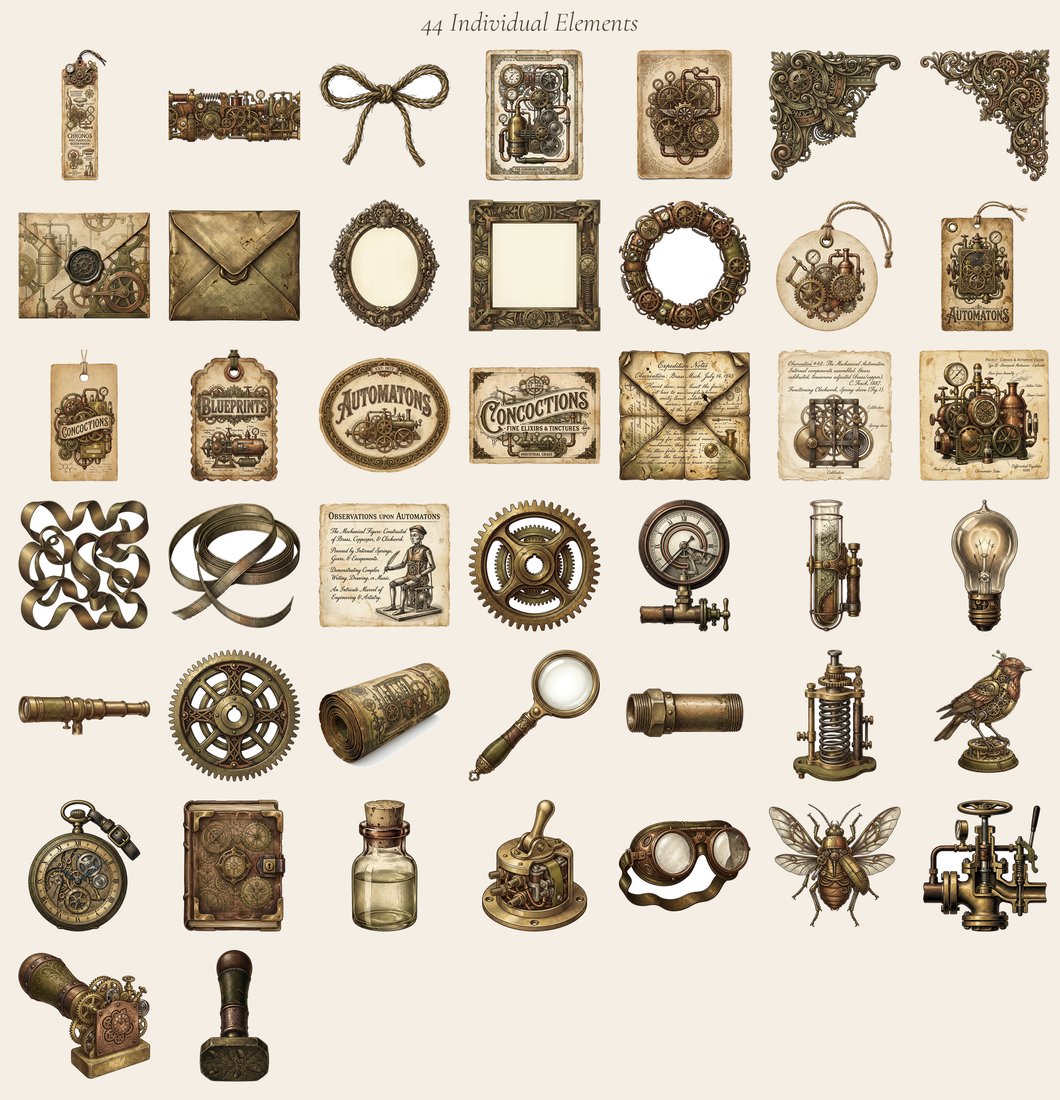 Steampunk Laboratory junk journal kit — elements overview