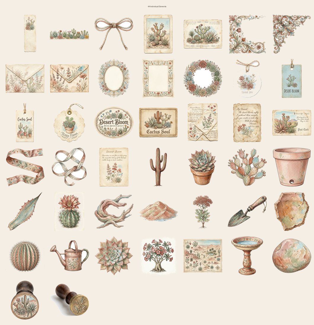 Succulent Desert junk journal kit — elements overview