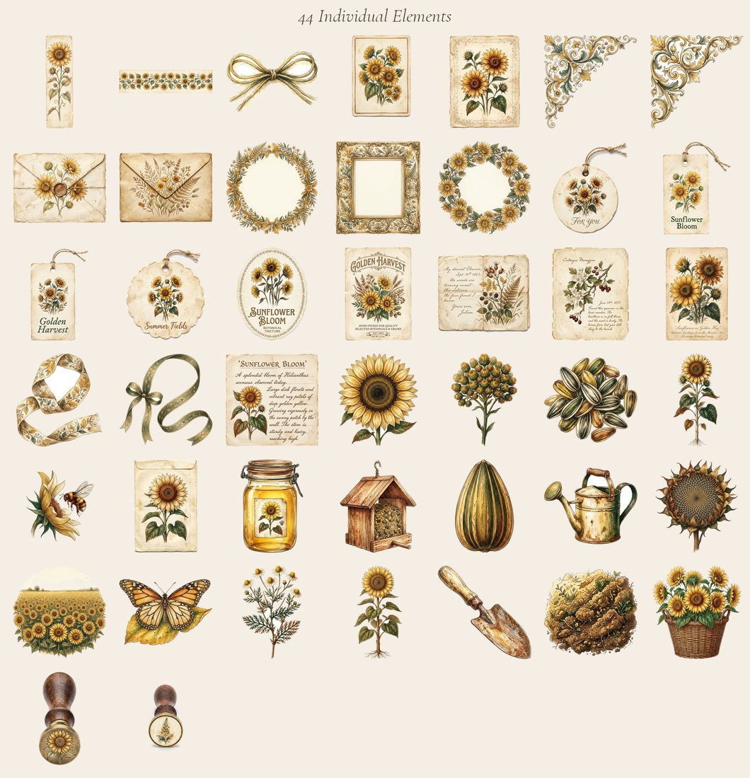 Sunflower Summer junk journal kit — elements overview