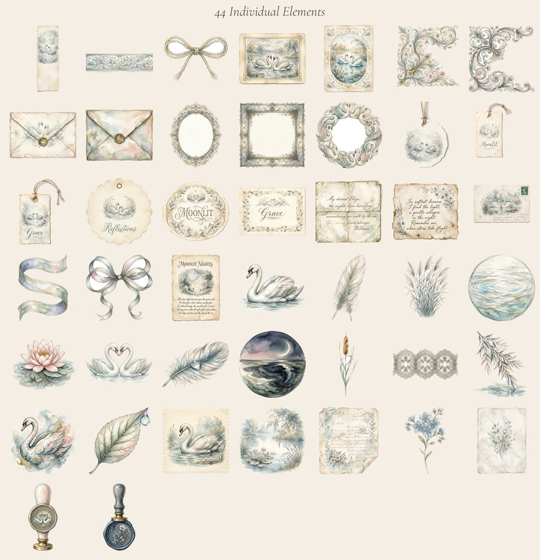 Swan Lake junk journal kit — elements overview