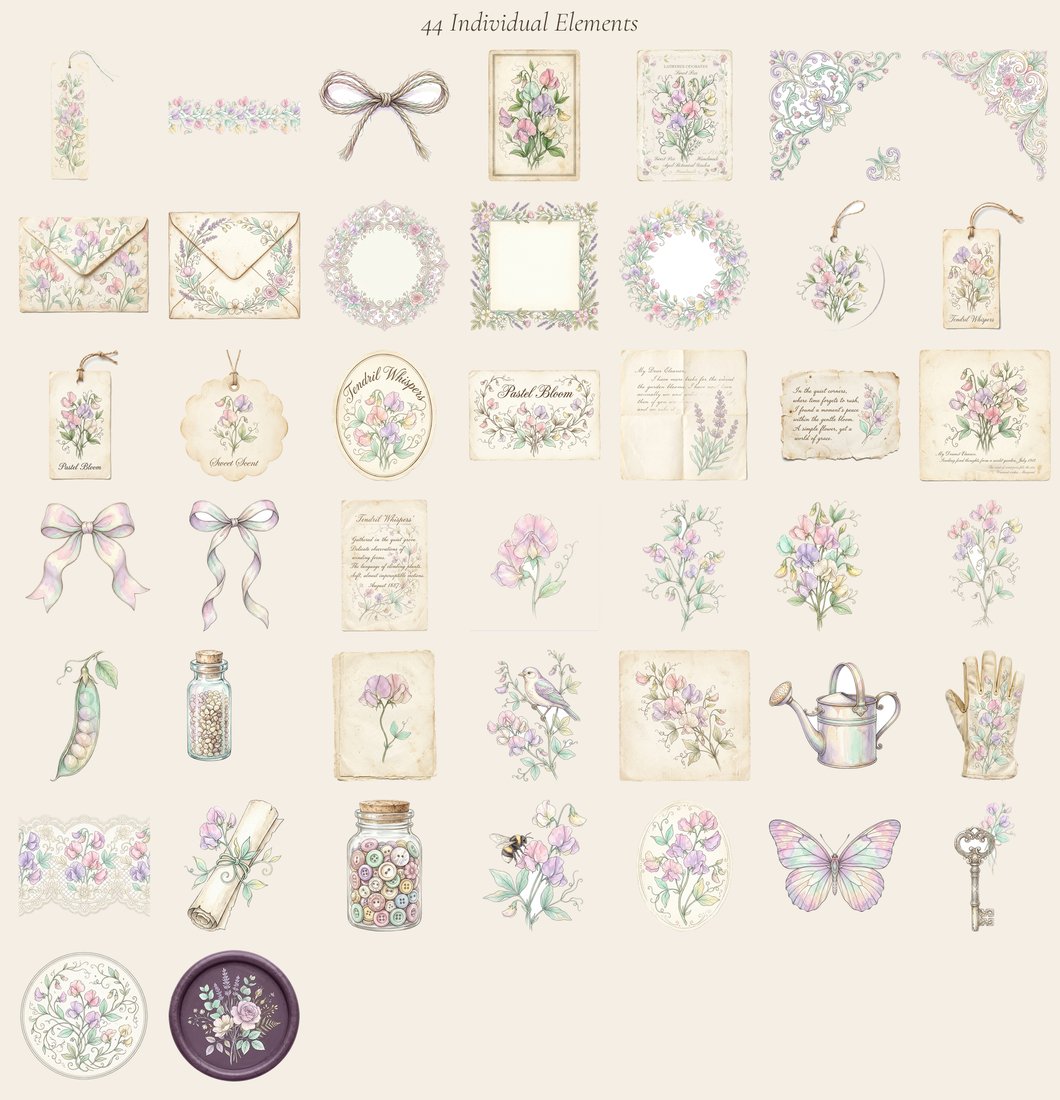 Sweet Pea Cottage junk journal kit — elements overview