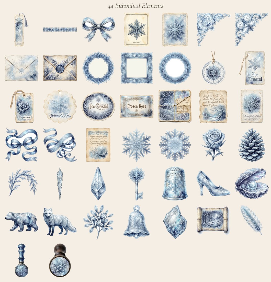 The Snow Queen junk journal kit — elements overview