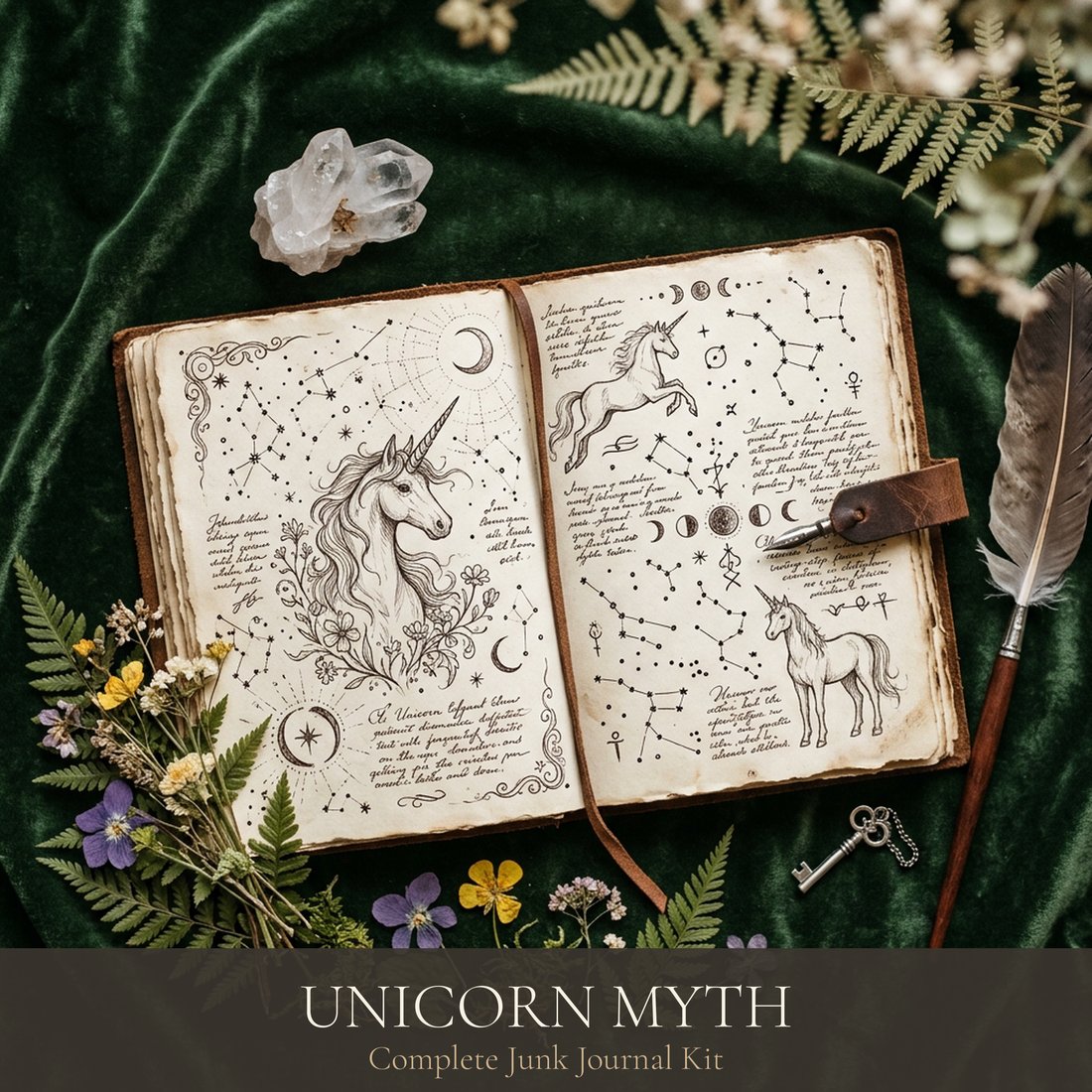 Unicorn Myth Junk Journal Kit | Enchanted Forest Ephemera | Vintage Fantasy | Digital Download