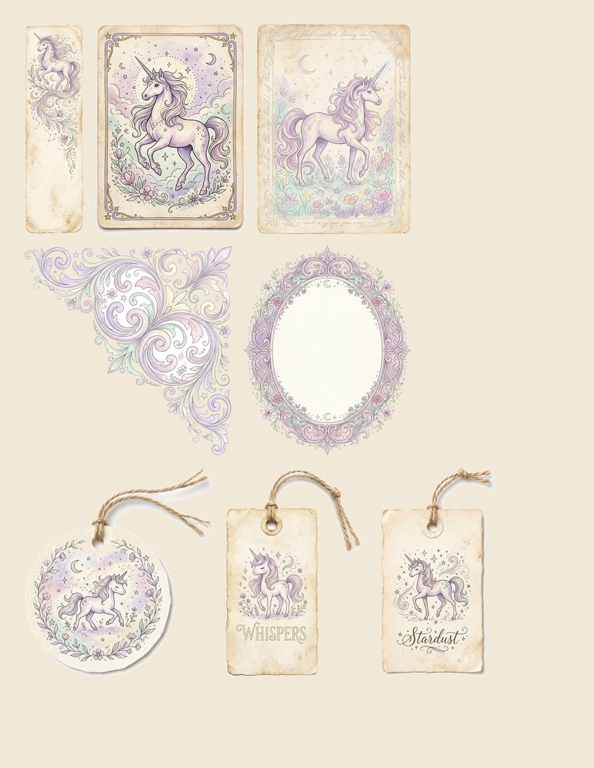 Unicorn Myth junk journal kit — sheet preview 1