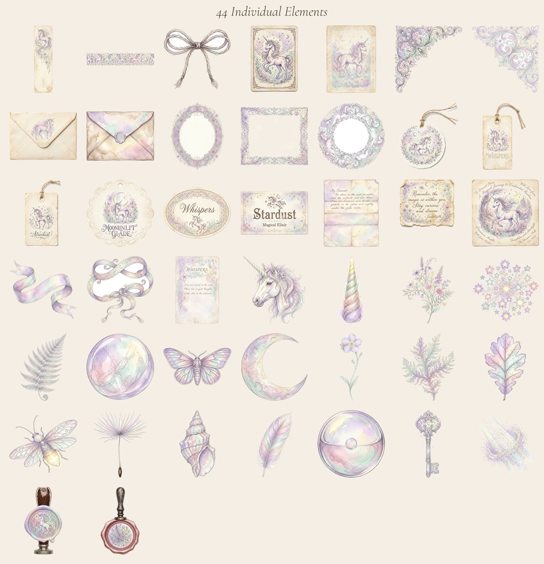 Unicorn Myth junk journal kit — elements overview
