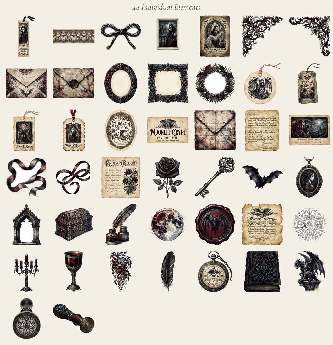 Vampire Nocturne junk journal kit — elements overview