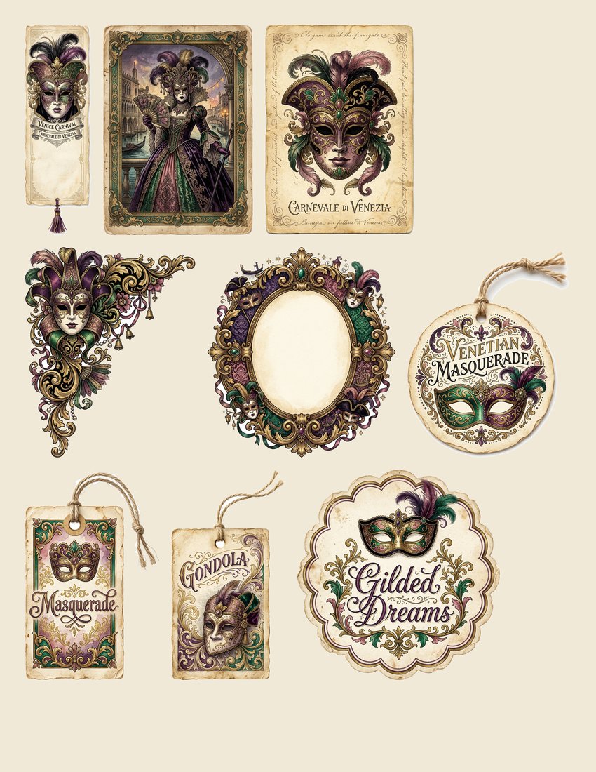 Venetian Carnival junk journal kit — sheet preview 1