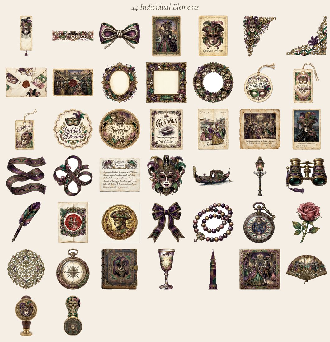 Venetian Carnival junk journal kit — elements overview