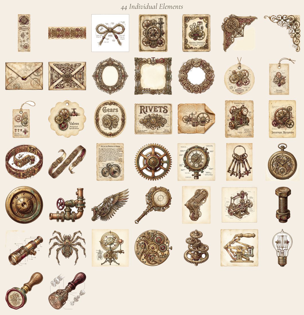 Victorian Machinist junk journal kit — elements overview