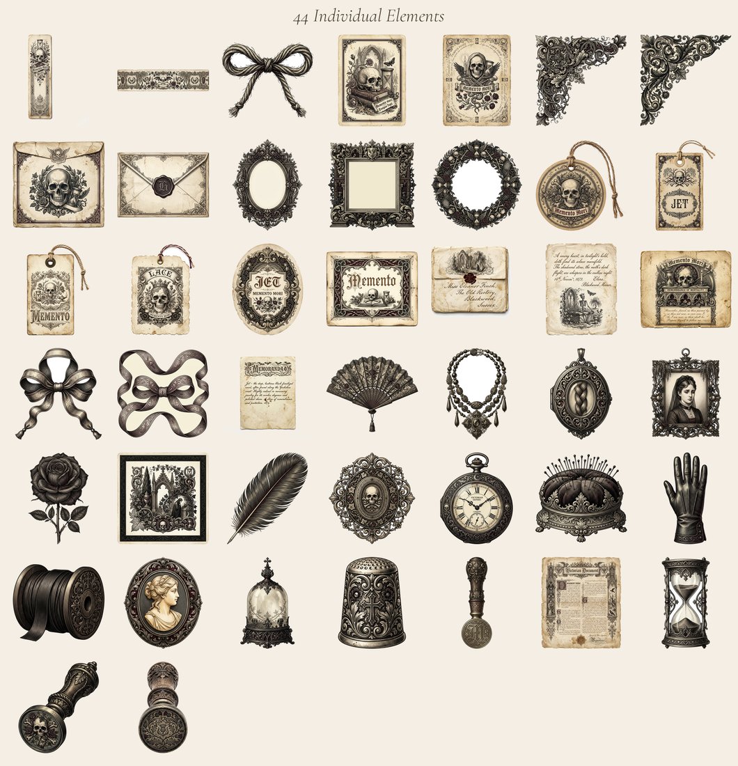 Victorian Mourning junk journal kit — elements overview