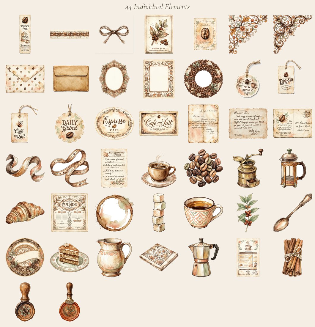 Vintage Coffee House junk journal kit — elements overview