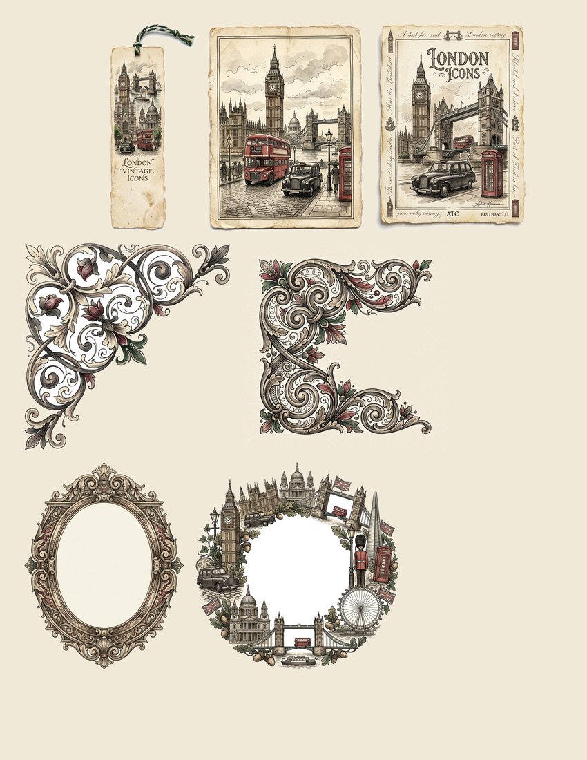 Vintage London junk journal kit — sheet preview 1