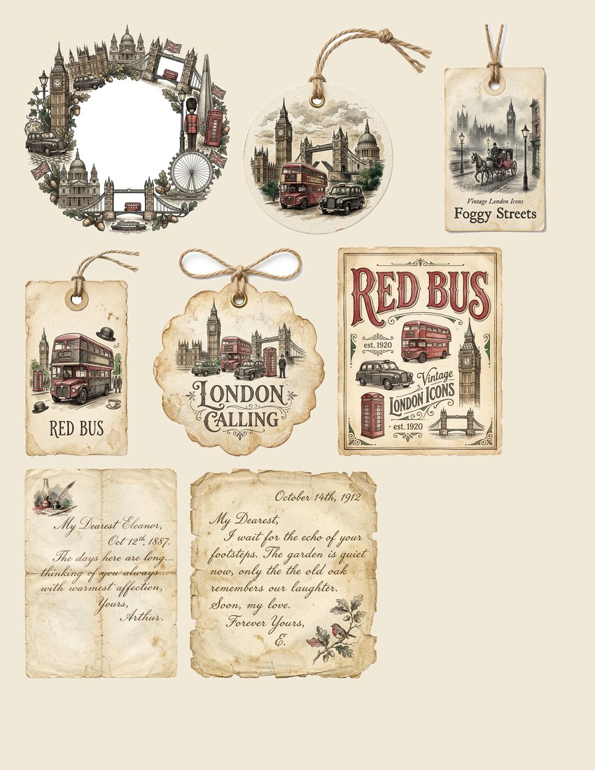 Vintage London junk journal kit — sheet preview 2