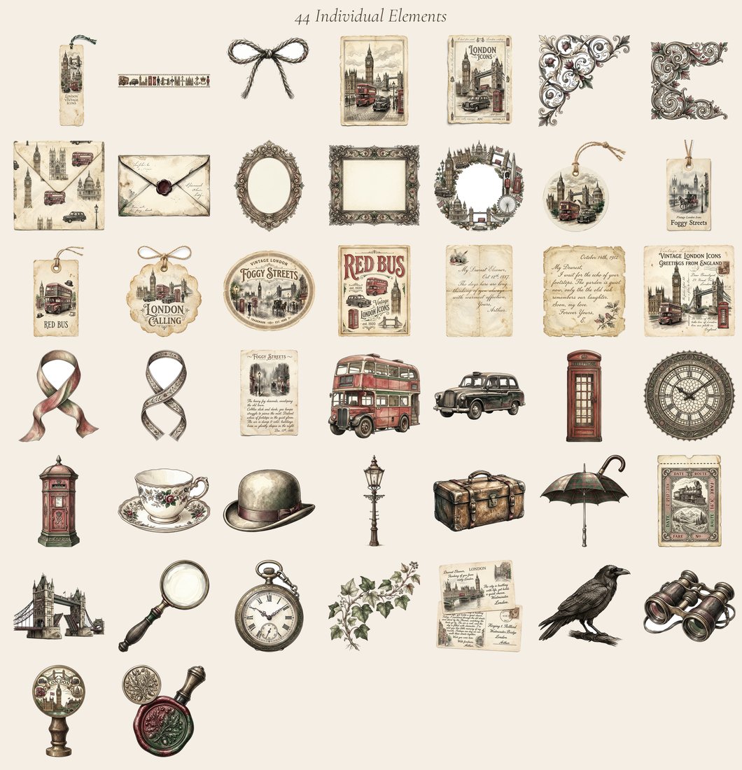 Vintage London junk journal kit — elements overview