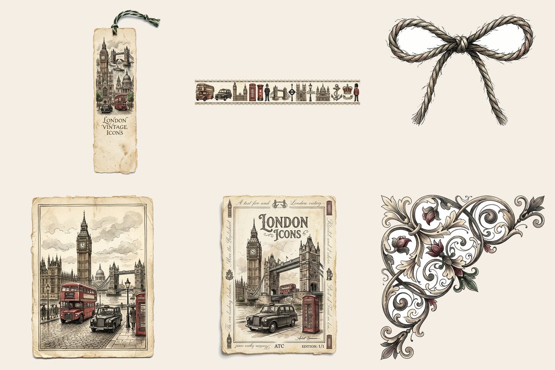 Vintage London junk journal kit — element closeup 1