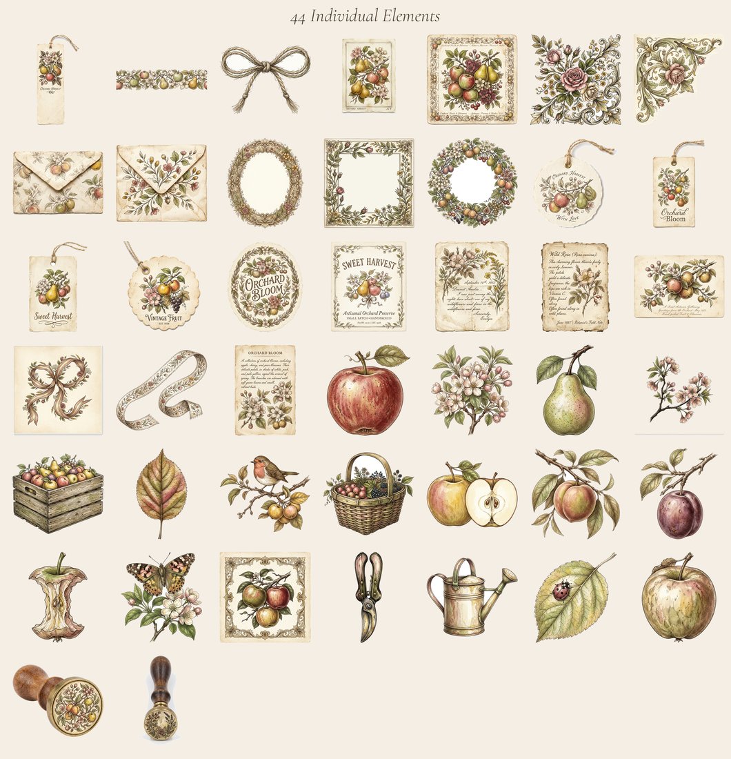 Vintage Orchard junk journal kit — elements overview