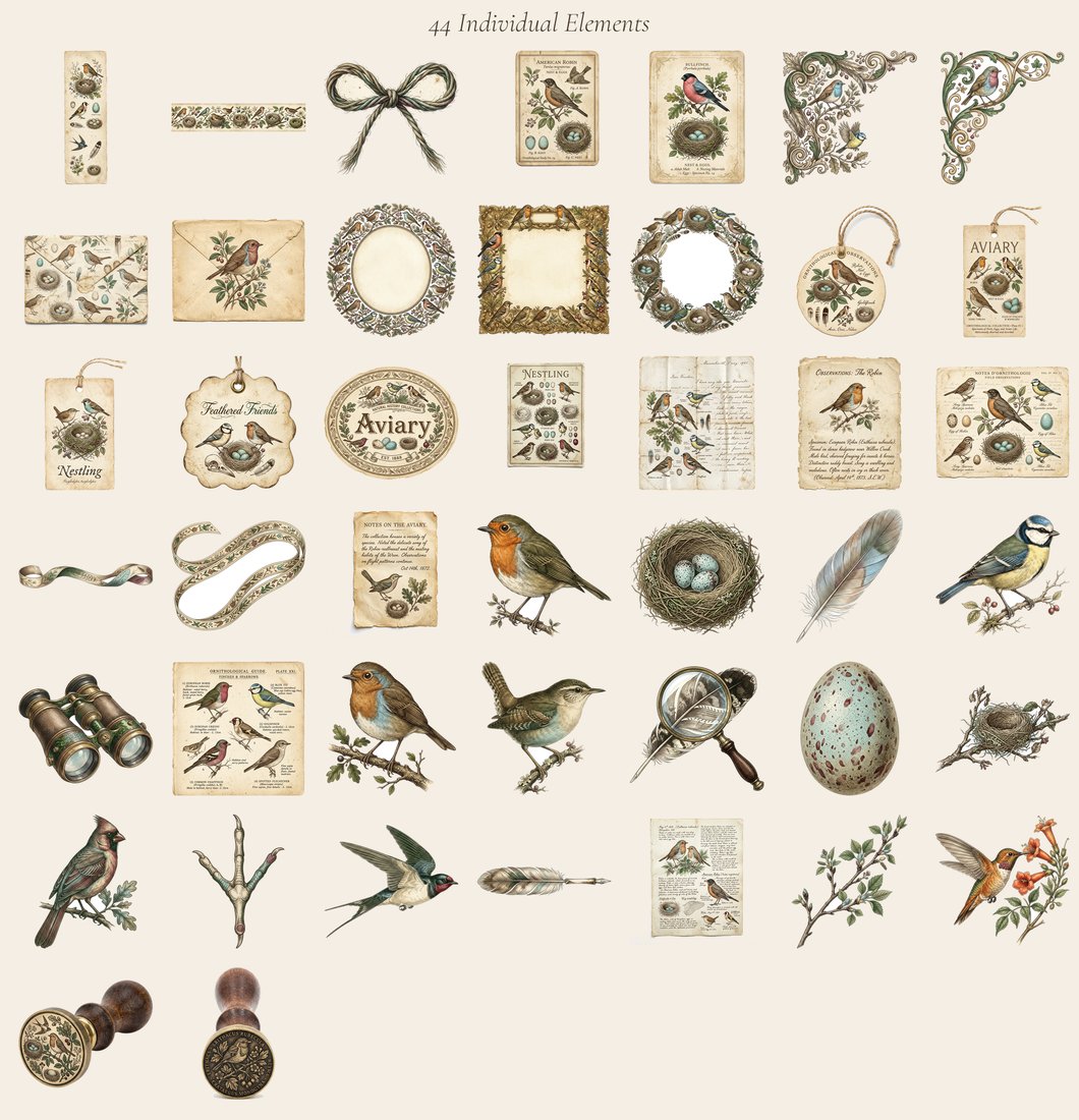 Vintage Ornithology junk journal kit — elements overview