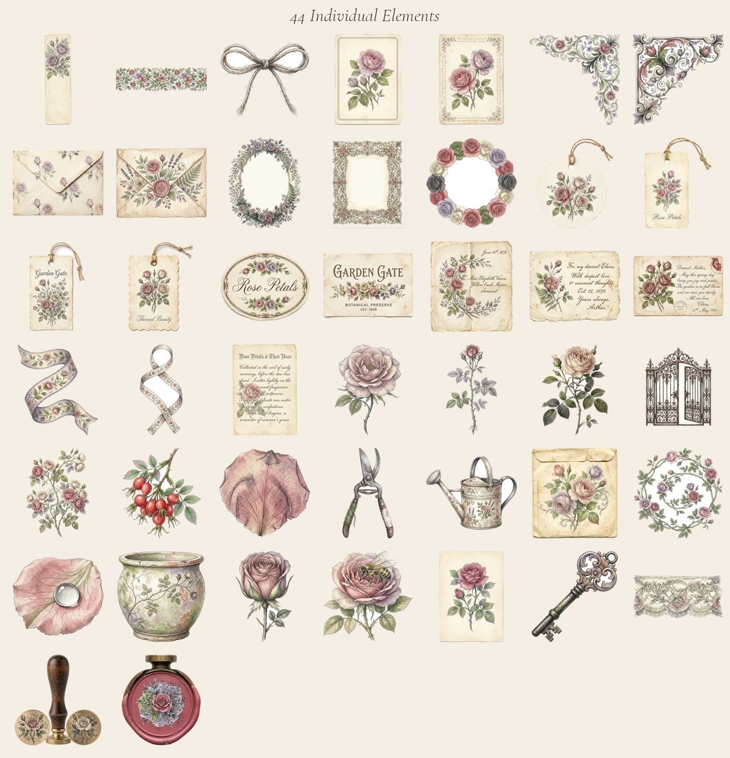 Vintage Rose Garden junk journal kit — elements overview