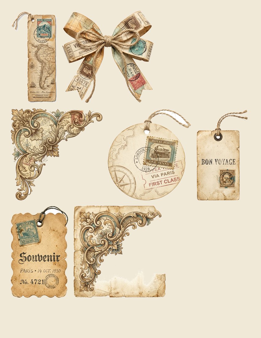 Vintage Voyage junk journal kit — sheet preview 1