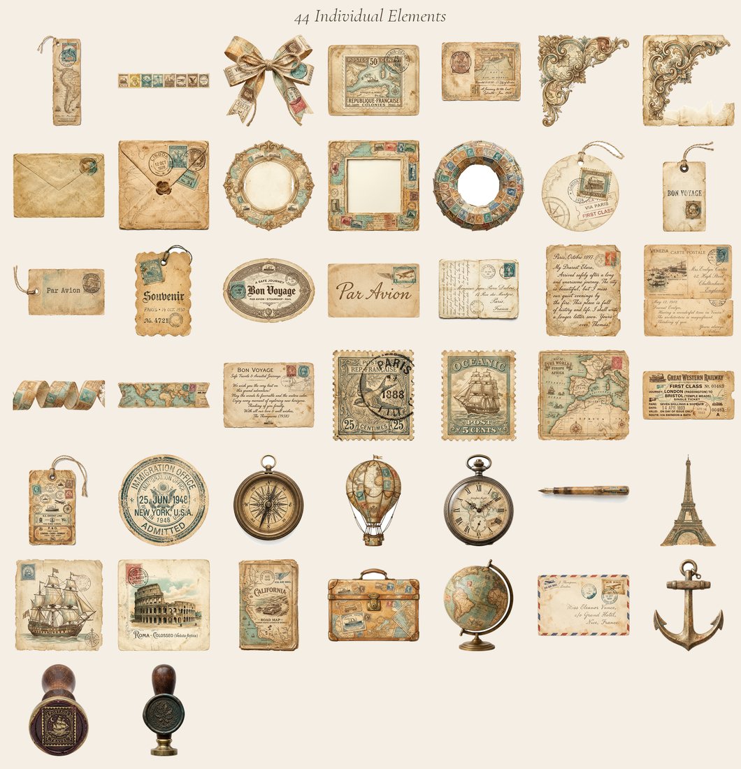 Vintage Voyage junk journal kit — elements overview
