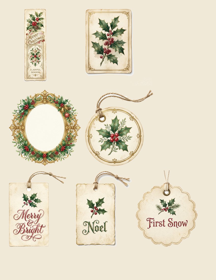 Vintage Yuletide junk journal kit — sheet preview 1