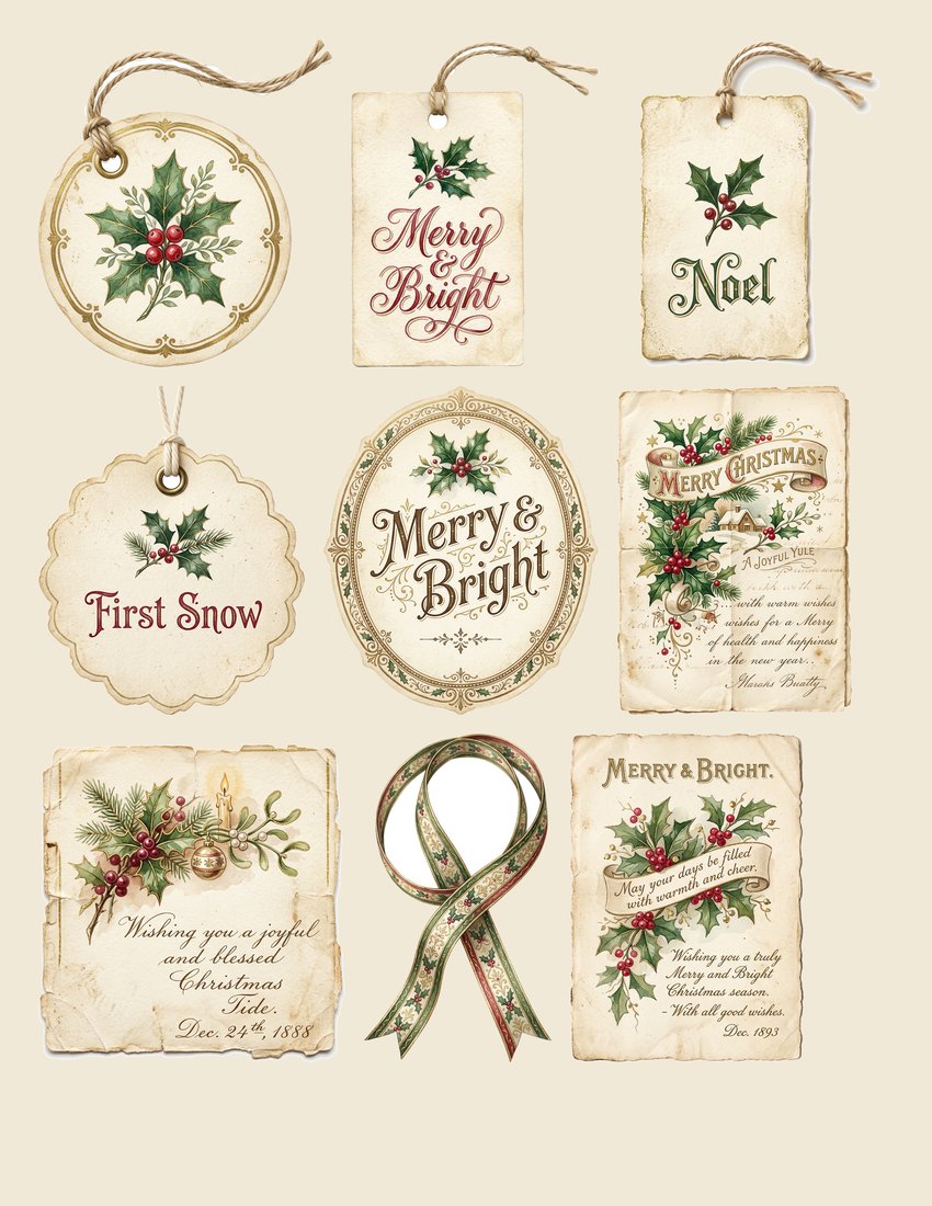 Vintage Yuletide junk journal kit — sheet preview 2