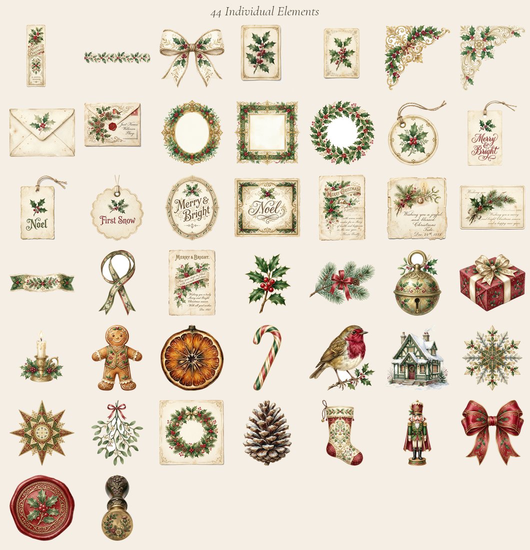 Vintage Yuletide junk journal kit — elements overview