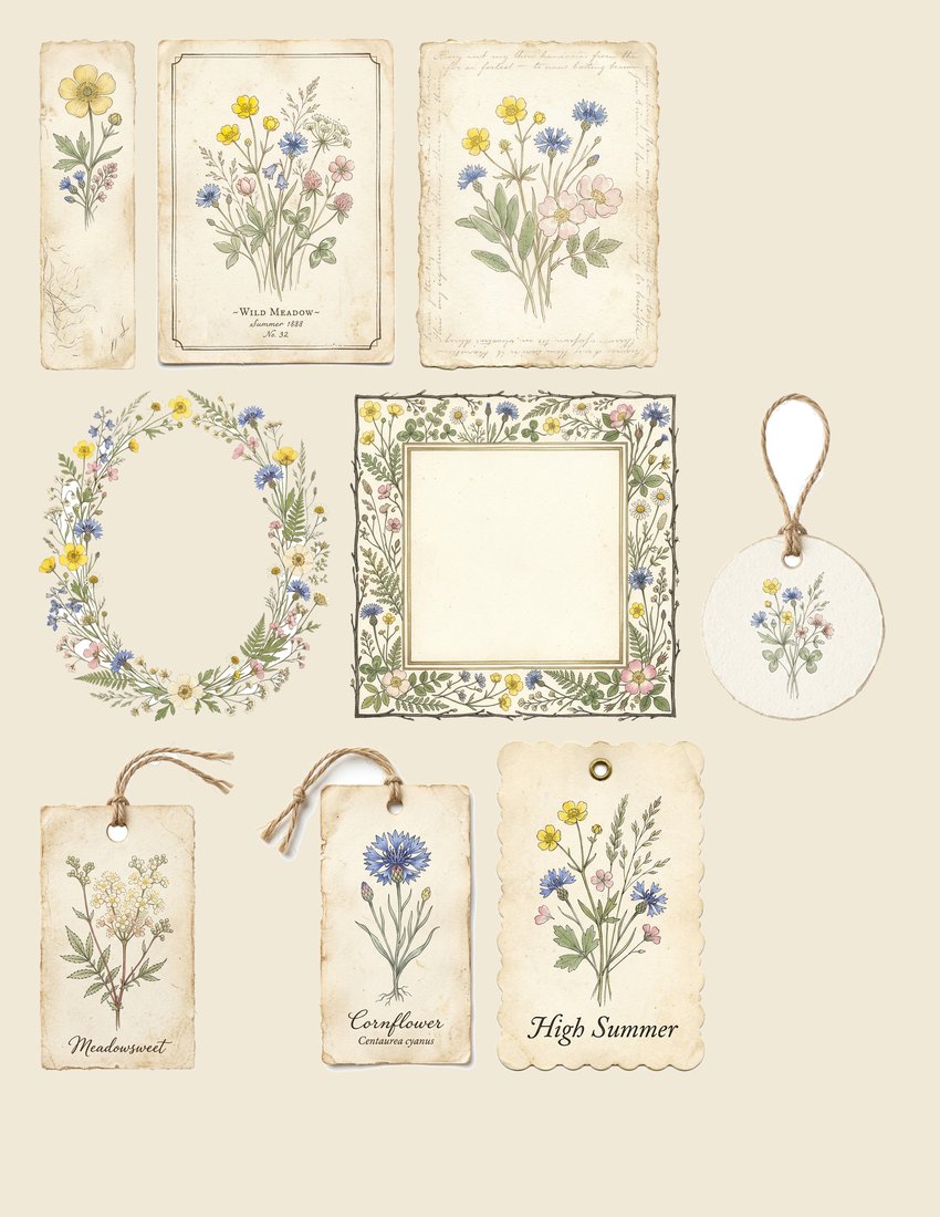 Wildflower Meadow junk journal kit — sheet preview 1