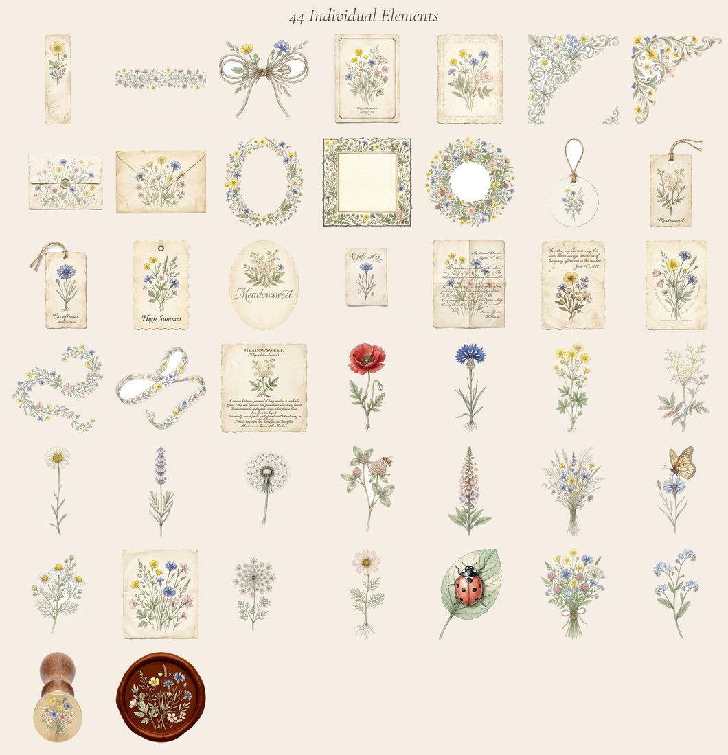 Wildflower Meadow junk journal kit — elements overview