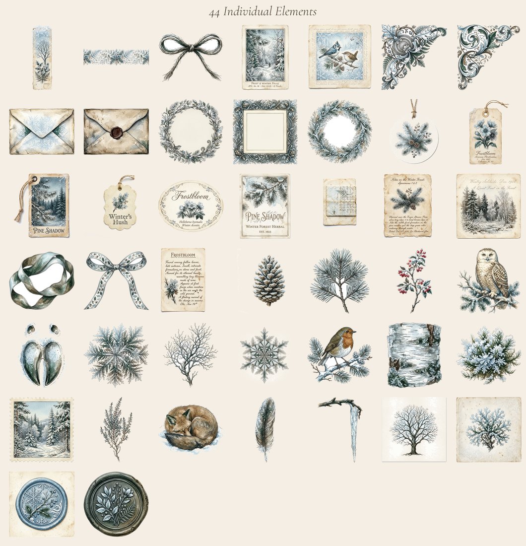 Winter Forest Animals junk journal kit — elements overview