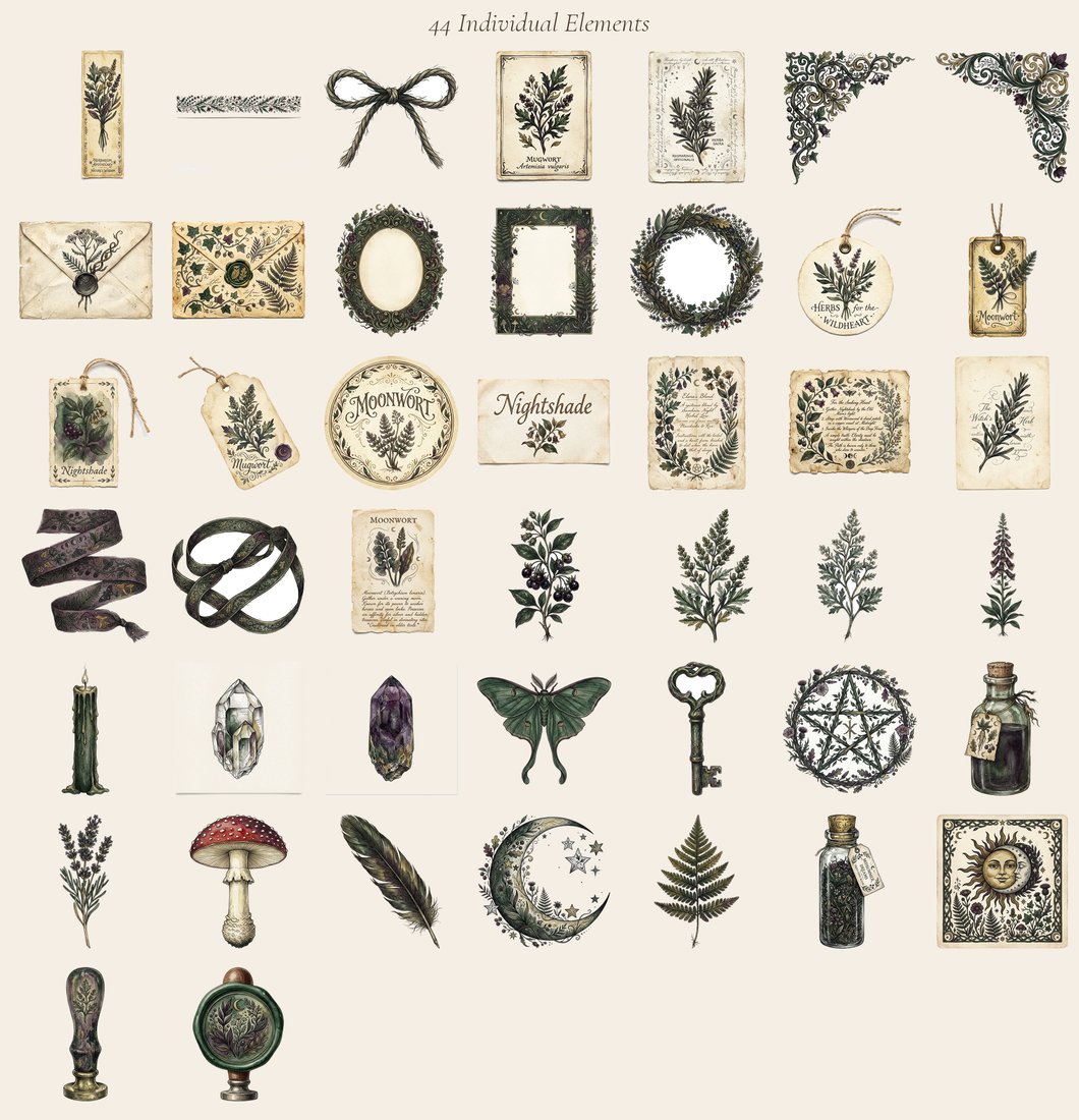 Witch Garden Grimoire junk journal kit — elements overview
