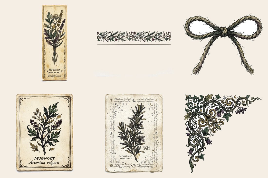 Witch Garden Grimoire junk journal kit — element closeup 1