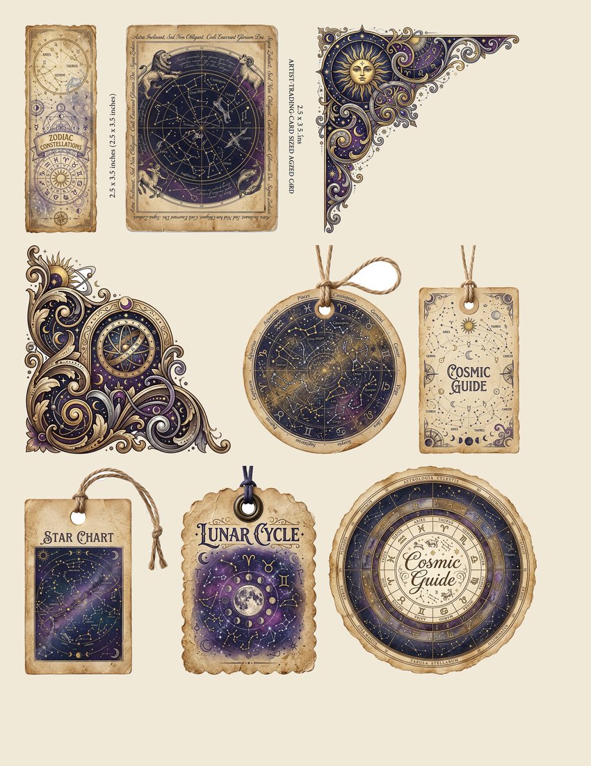 Zodiac Almanac junk journal kit — sheet preview 1
