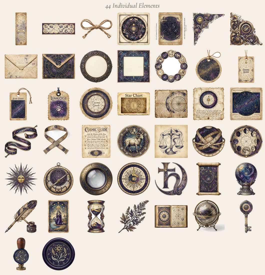 Zodiac Almanac junk journal kit — elements overview